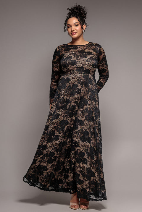 Scalloped Lace A-Line Maxi Dress - Black by Goddiva Plus
