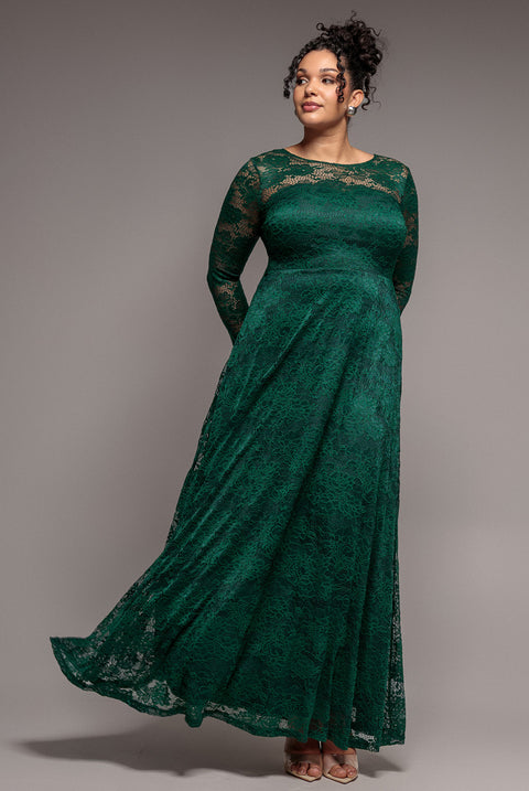Scalloped Lace A-Line Maxi Dress - Emerald Green by Goddiva Plus