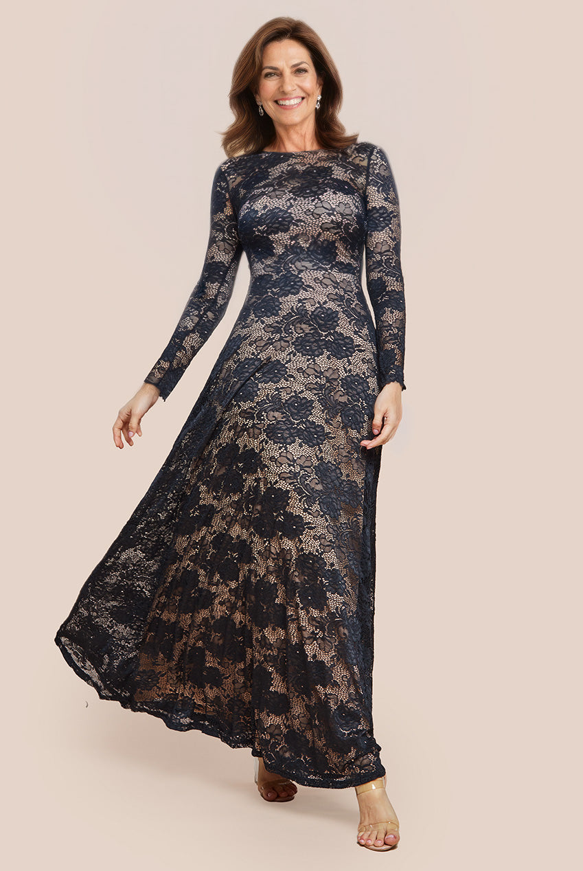Scalloped Lace A-Line Maxi Dress - Black DR4496M