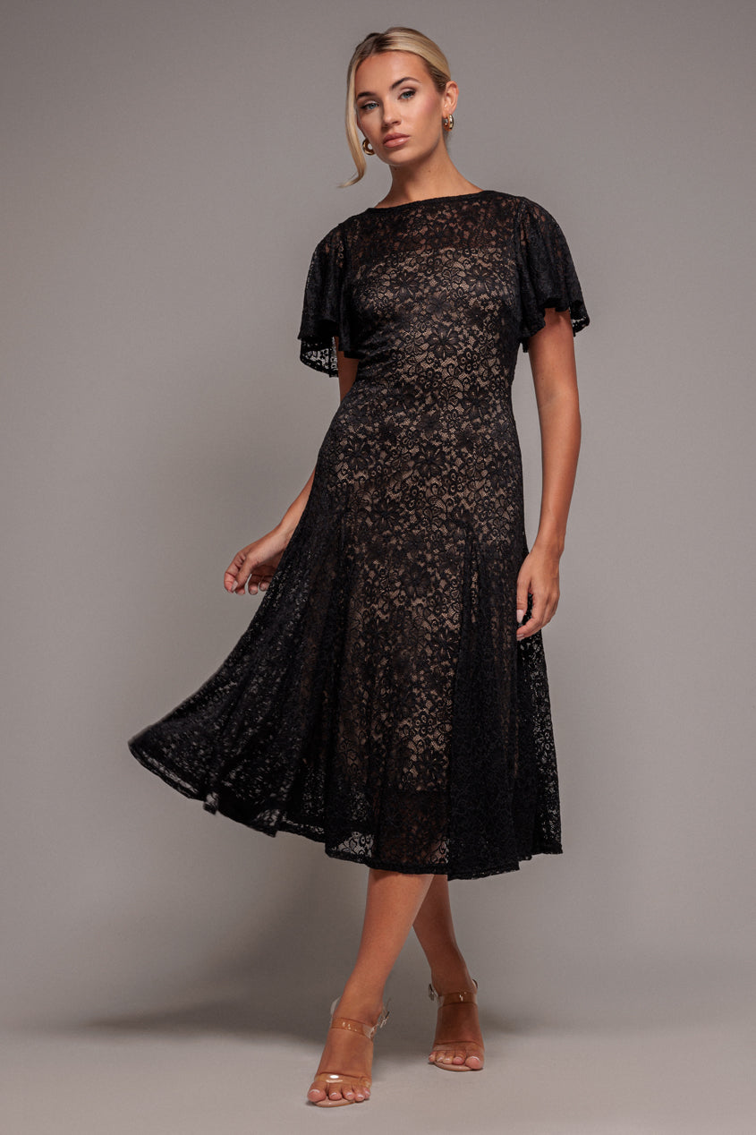 Flutter Sleeve Lace A-Line Midi Dress - Black DR4498