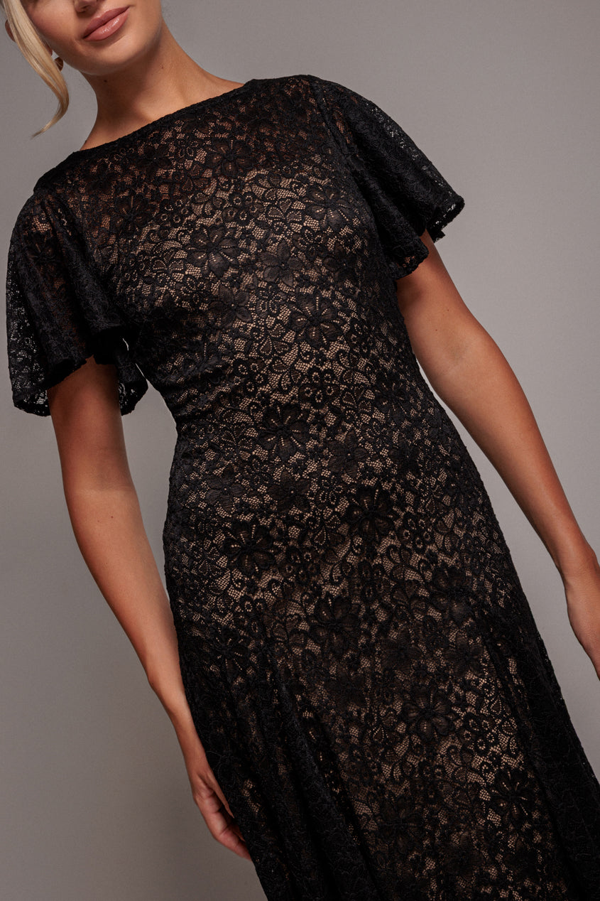Flutter Sleeve Lace A-Line Midi Dress - Black DR4498