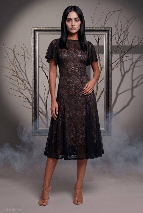 Short Sleeve A-line Midi Wednesday Addams-Inspired Halloween Costume - Black by Goddiva