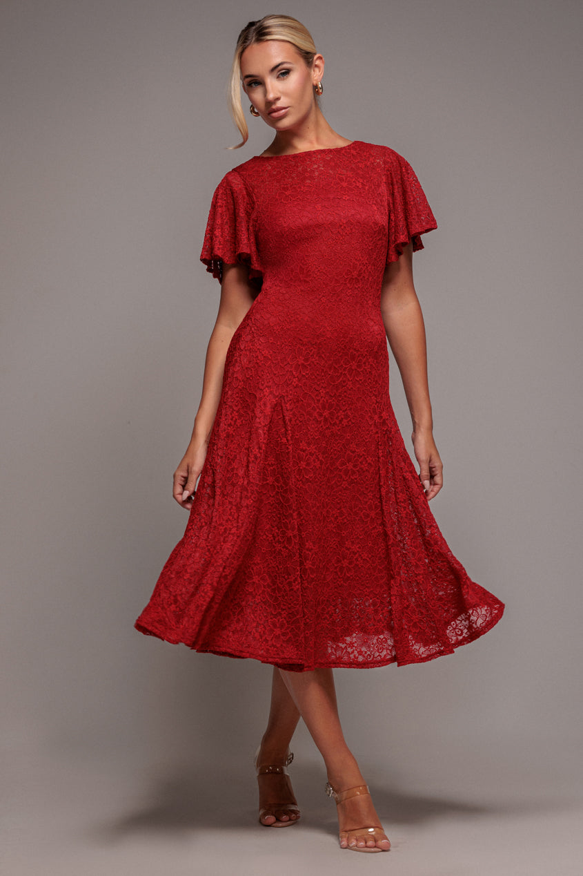 Flutter Sleeve Lace A-Line Midi Dress - Red DR4498