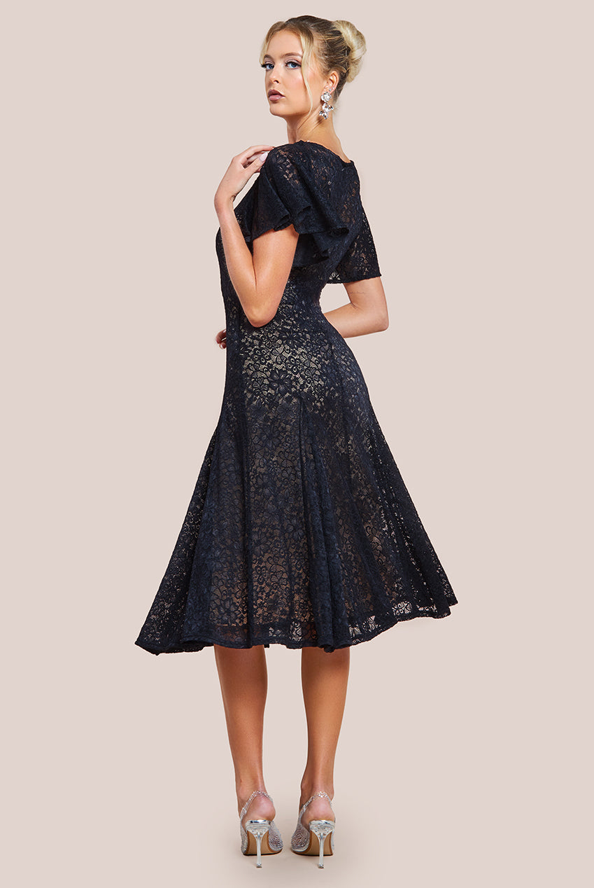 Flutter Sleeve Lace A-Line Midi Dress - Black DR4498