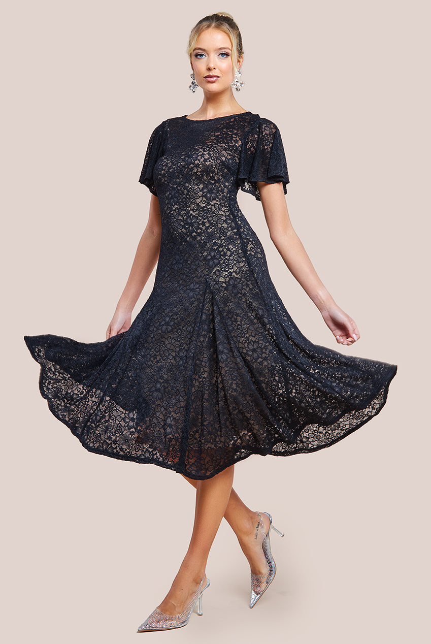 Flutter Sleeve Lace A-Line Midi Dress - Black DR4498