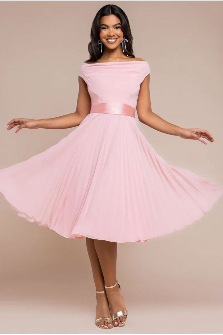 Cowl Neck Pleated A-Line Chiffon Midi Dress - Blush Pink | Goddiva Cowl Neck Pleated A-Line Chiffon Midi Dress - Blush Pink | Goddiva