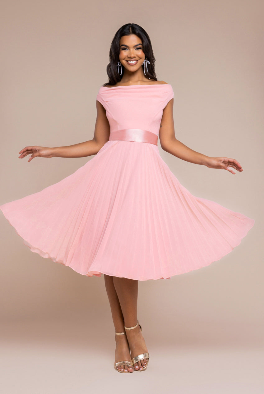 Cowl Neck Pleated A-Line Chiffon Midi Dress - Blush Pink DR4501