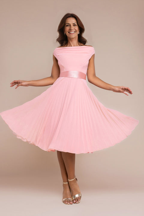 Cowl Neck Pleated A-Line Chiffon Midi Dress - Blush Pink by Goddiva