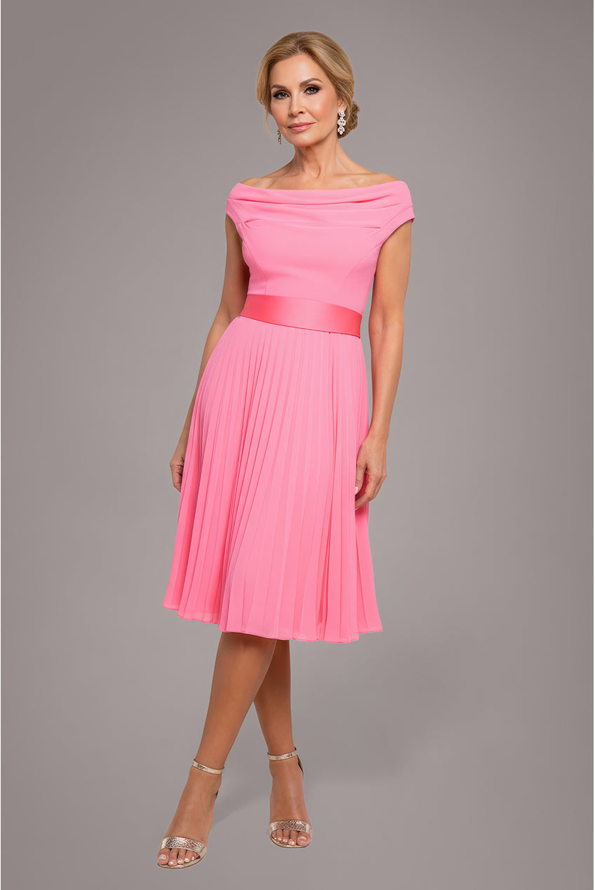 Cowl Neck Pleated A-Line Chiffon Midi Dress - Coral DR4501M
