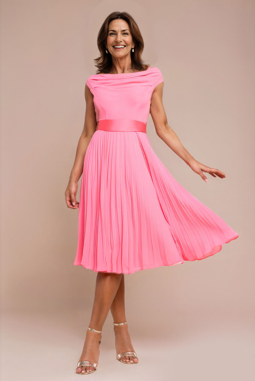 Cowl Neck Pleated A-Line Chiffon Midi Dress - Coral DR4501M