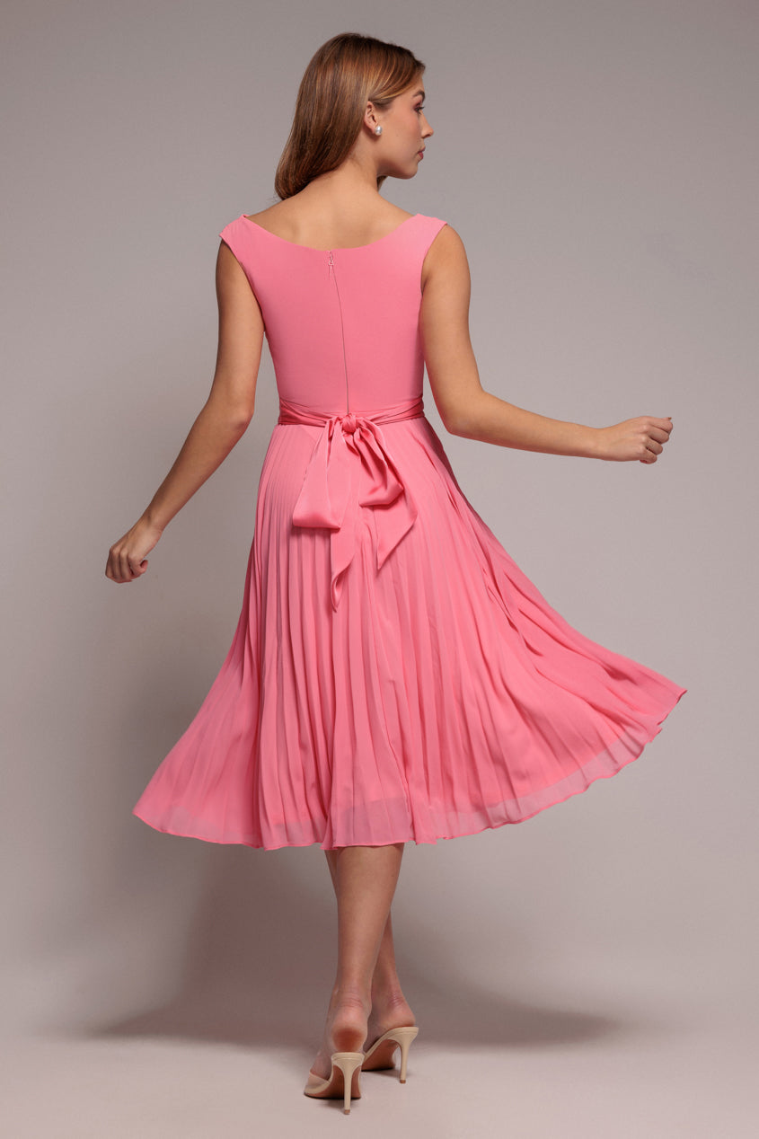 Cowl Neck Pleated A-Line Chiffon Midi Dress - Coral DR4501