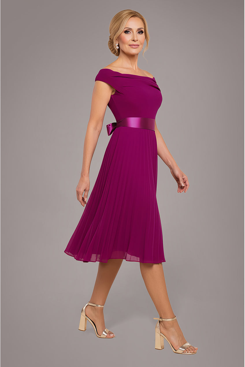 Cowl Neck Pleated A-Line Chiffon Midi Dress - Magenta DR4501M