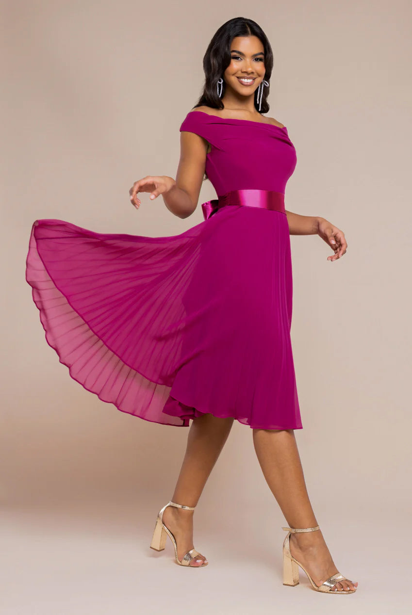 Cowl Neck Pleated A-Line Chiffon Midi Dress - Magenta DR4501