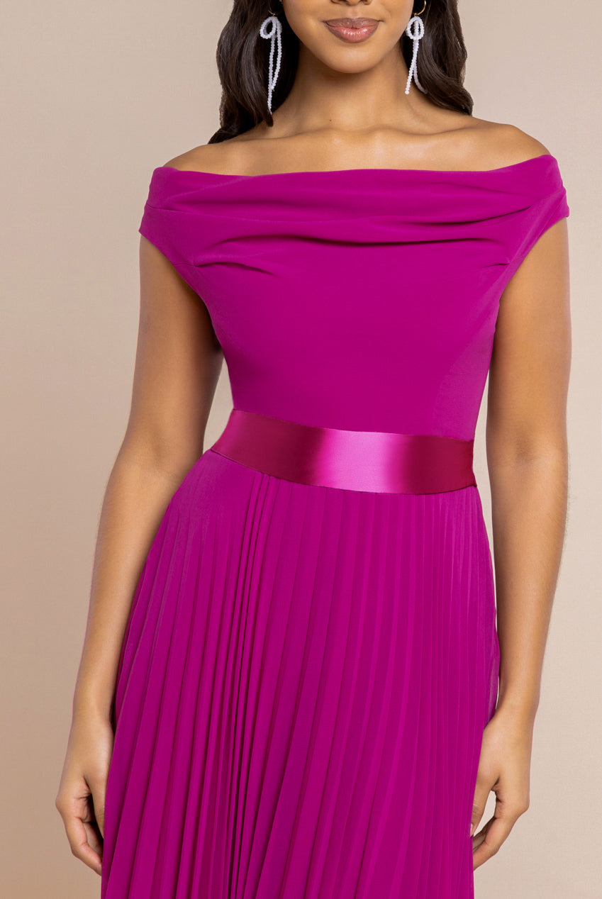 Cowl Neck Pleated A-Line Chiffon Midi Dress - Magenta DR4501