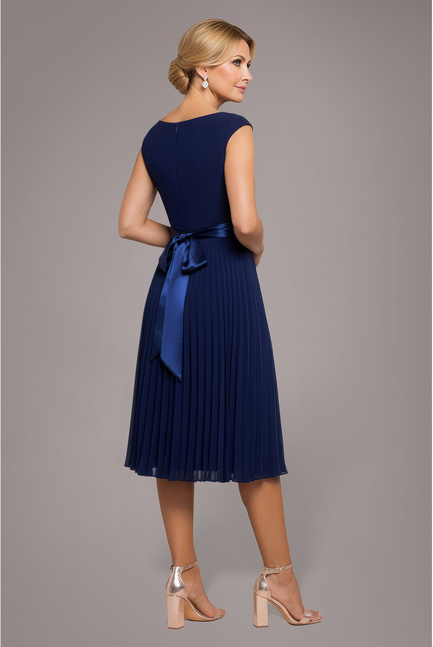 Cowl Neck Pleated A-Line Chiffon Midi Dress - Navy Blue DR4501M