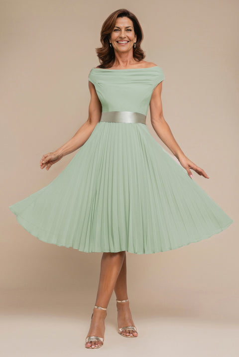 Cowl Neck Pleated A-Line Chiffon Midi Dress - Sage Green by Goddiva