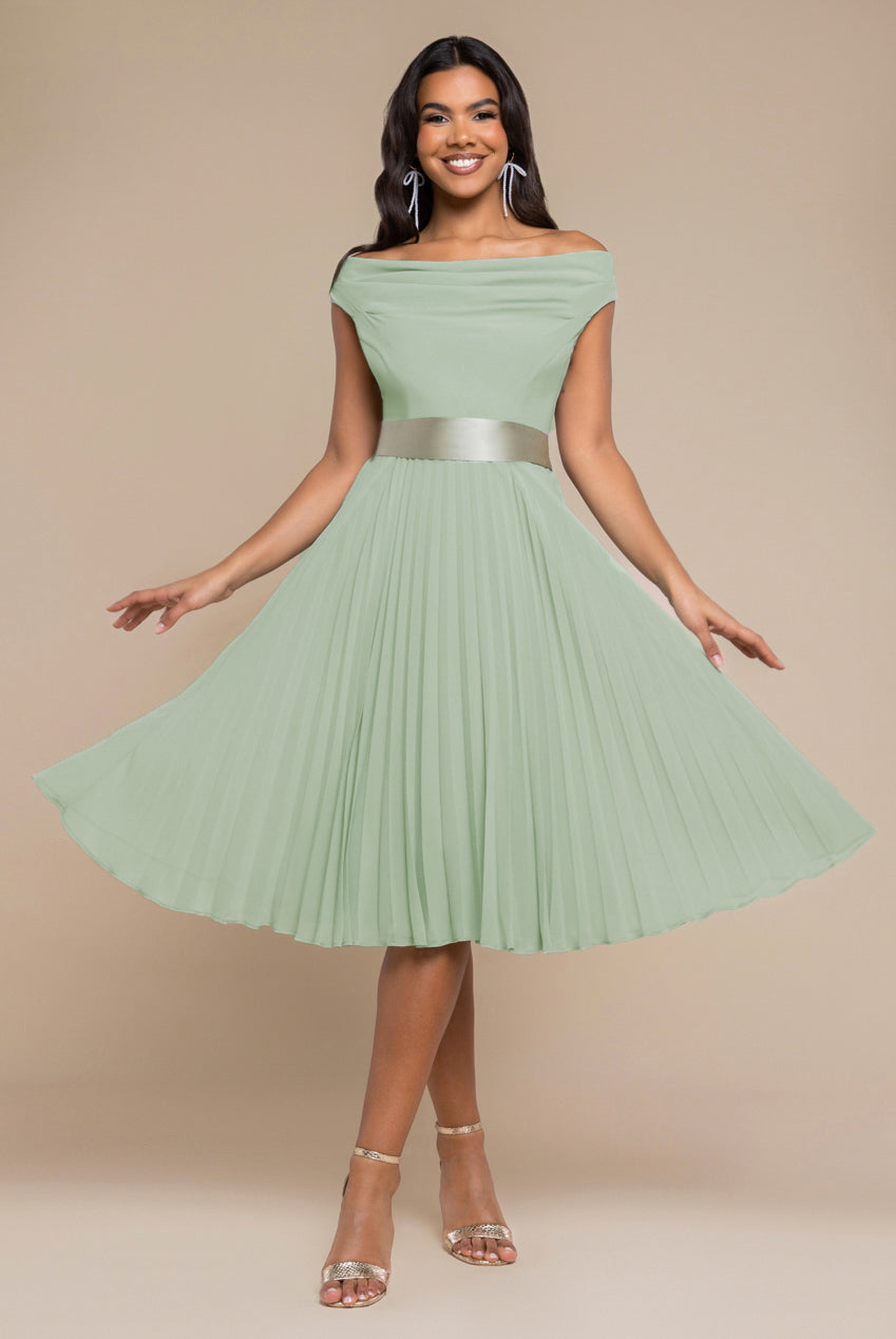 Cowl Neck Pleated A-Line Chiffon Midi Dress - Sage Green DR4501