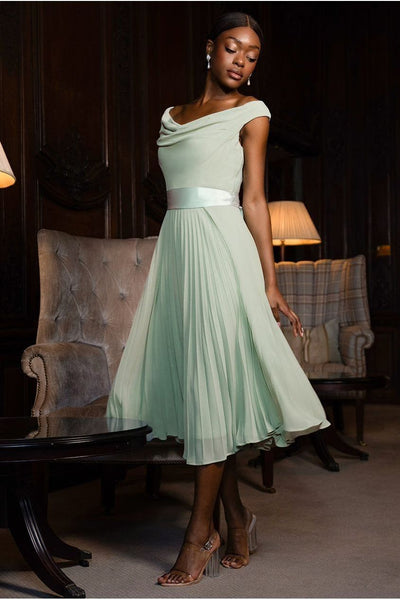 Sage Green - Cowl Neck Pleated A-Line Chiffon Midi Dress - Sage Green by Goddiva