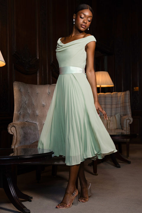 Cowl Neck Pleated A-Line Chiffon Midi Dress - Sage Green by Goddiva