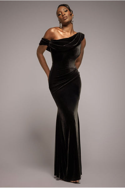 Cowl One Shoulder Velvet Maxi Dress - Black