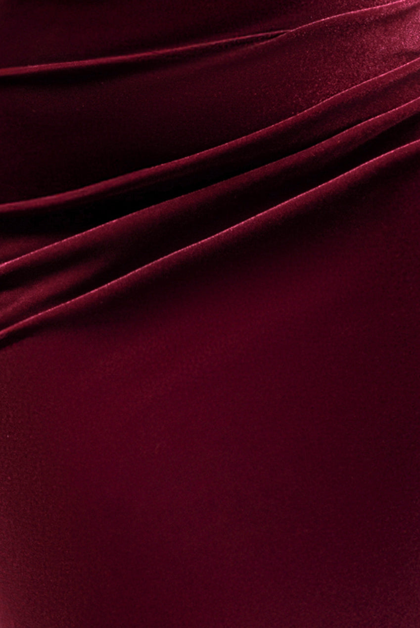Cowl One Shoulder Velvet Maxi Dress - Burgundy Red DR4504