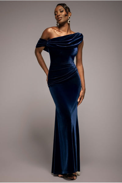 Navy - Cowl One Shoulder Velvet Maxi Dress - Navy Blue by Goddiva