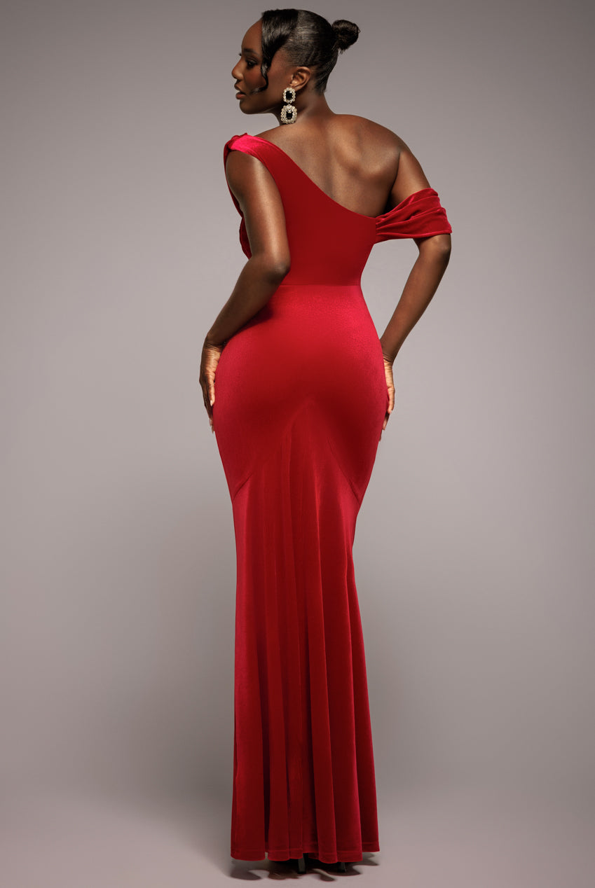 Cowl One Shoulder Velvet Maxi Dress - Red DR4504