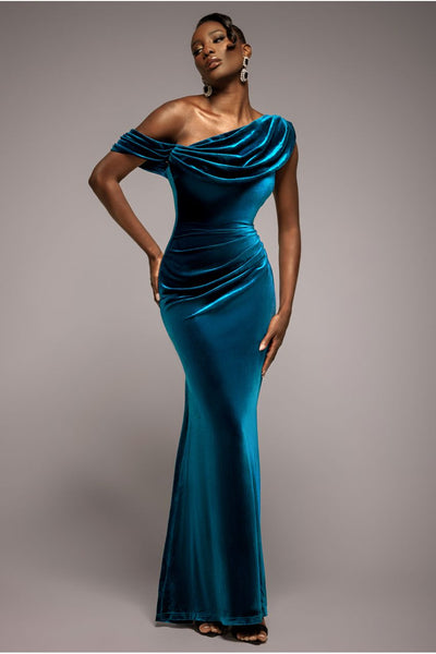 Teal - Cowl One Shoulder Velvet Maxi Dress - Teal by Goddiva