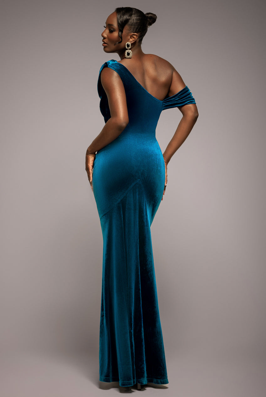 Cowl One Shoulder Velvet Maxi Dress - Teal DR4504