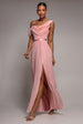 Cowl Neck One Shoulder A Line Chiffon Maxi Dress - Blush Pink by Goddiva