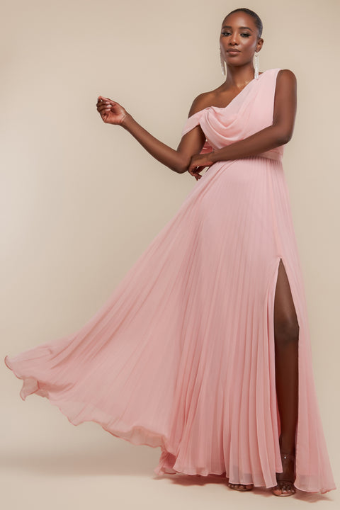 Goddiva Cowl Neck One Shoulder A-Line Chiffon Maxi Dress - Blush Pink