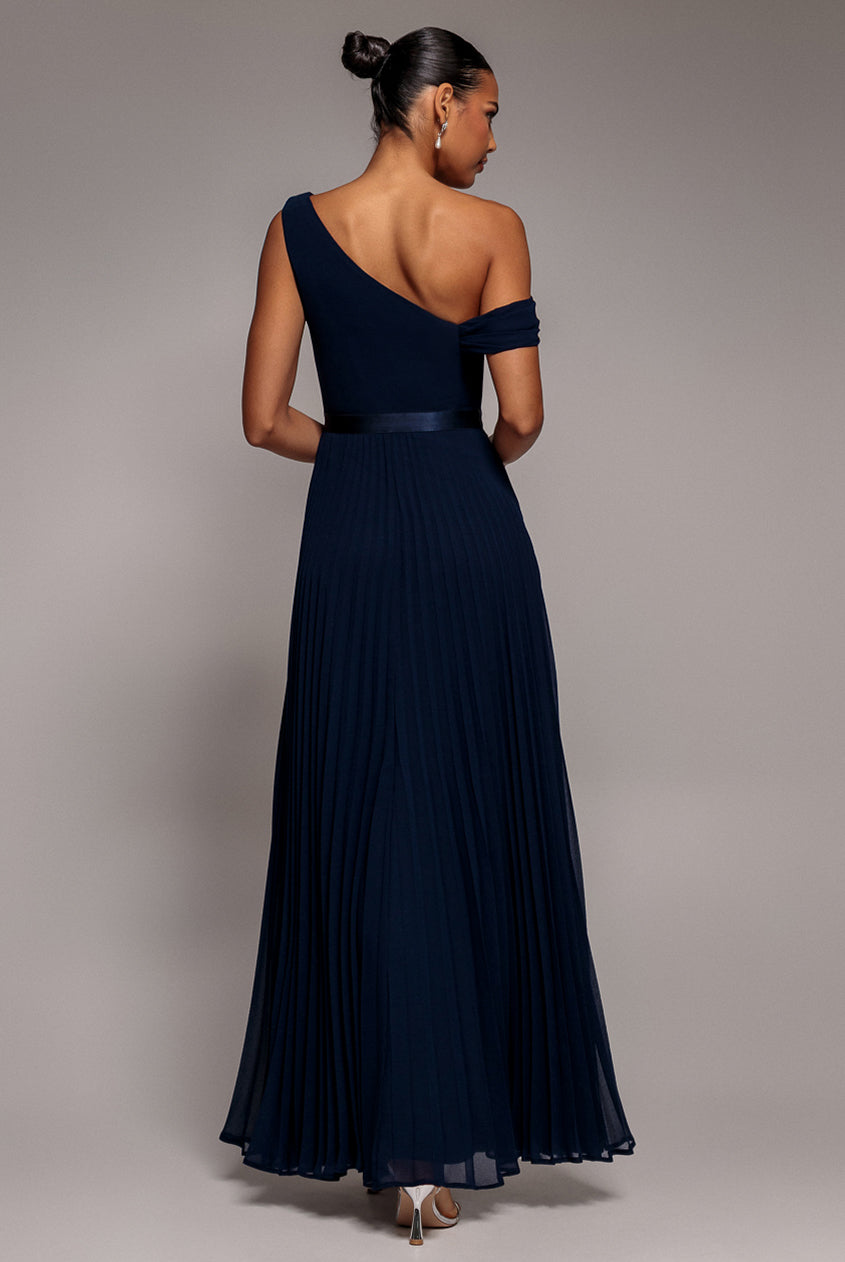 Cowl Neck One Shoulder A Line Chiffon Maxi Dress - Navy Blue DR4506