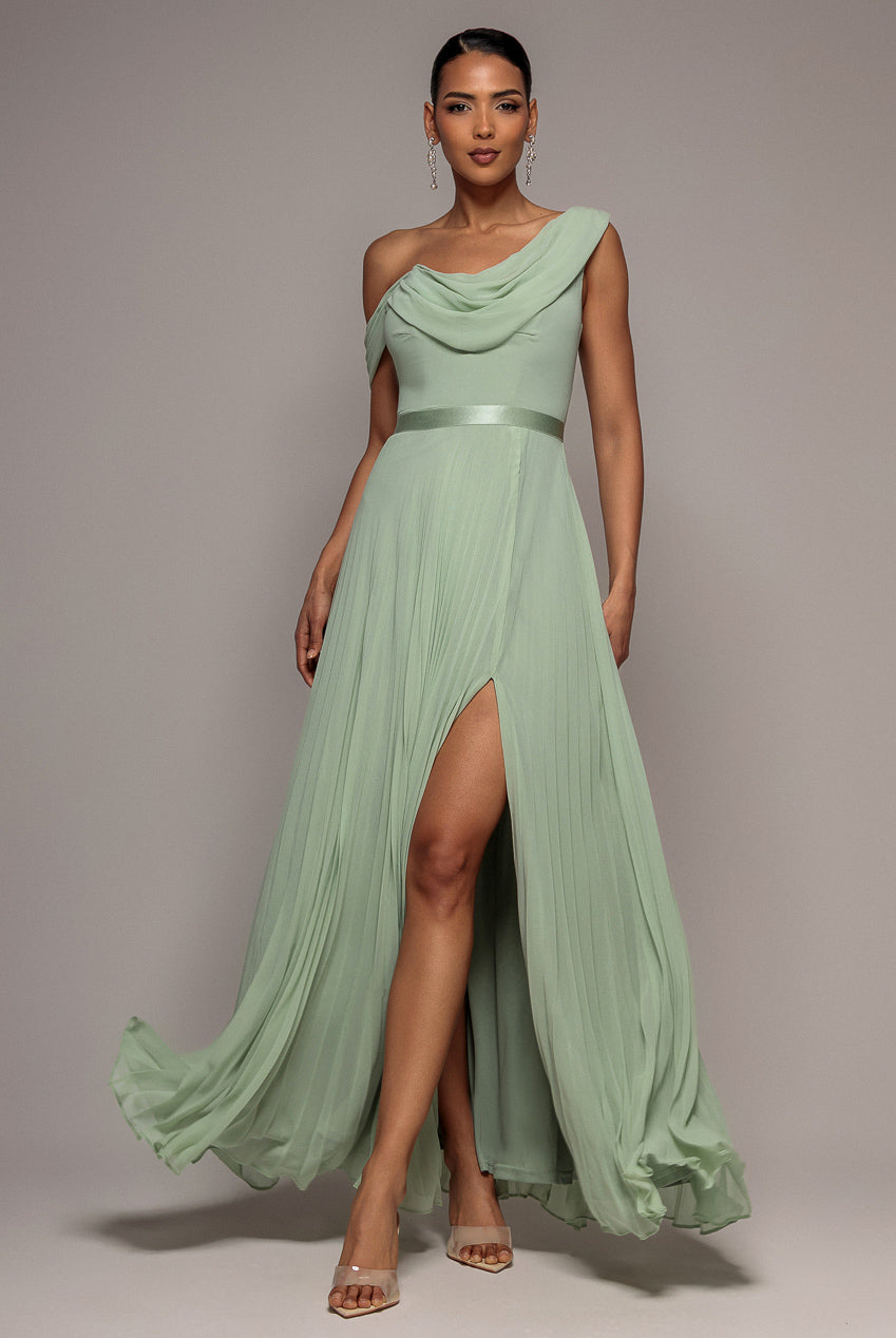 Cowl Neck One Shoulder A Line Chiffon Maxi Dress - Sage Green DR4506
