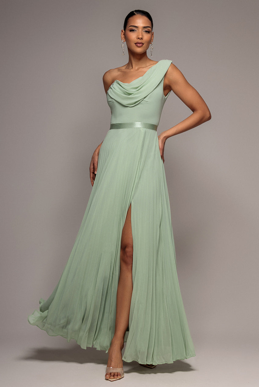 Cowl Neck One Shoulder A Line Chiffon Maxi Dress - Sage Green DR4506