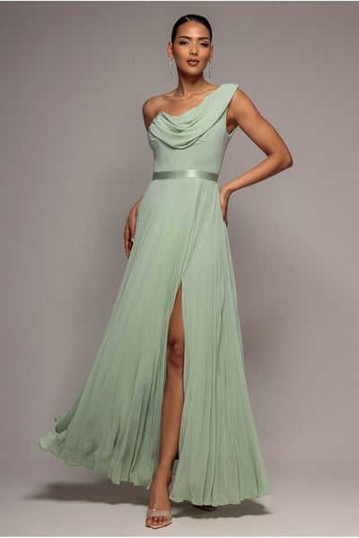 Cowl Neck One Shoulder A Line Chiffon Maxi Dress - Sage Green by Goddiva