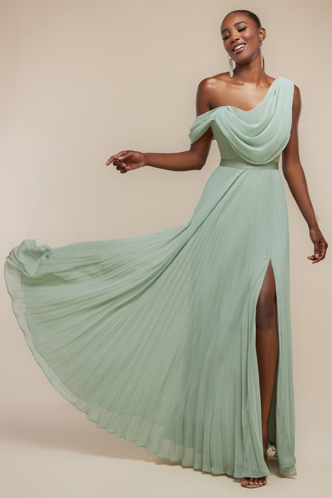 Goddiva Cowl Neck One Shoulder A-Line Chiffon Maxi Dress - Sage Green