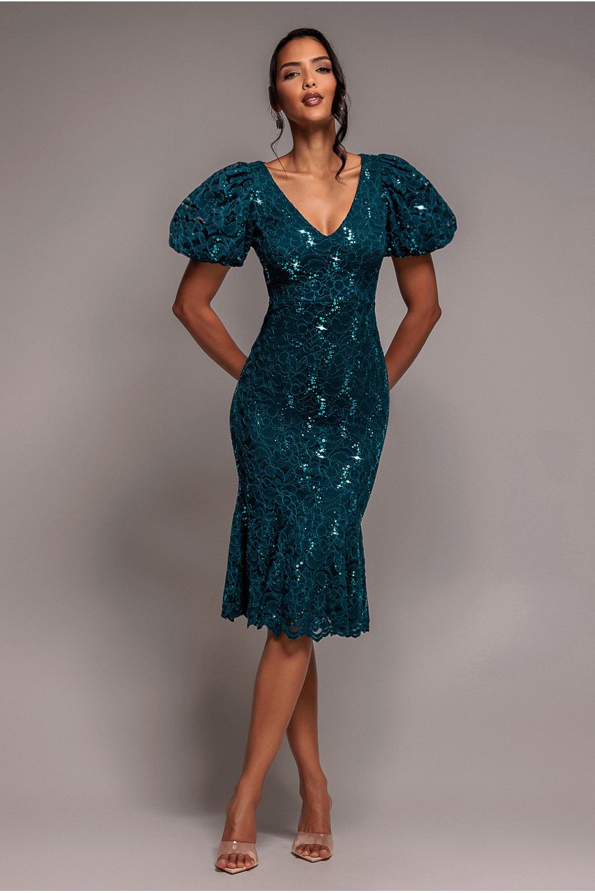 Sequin Lace Puff Sleeve Fit & Flare Midi Dress - Teal Blue DR4508