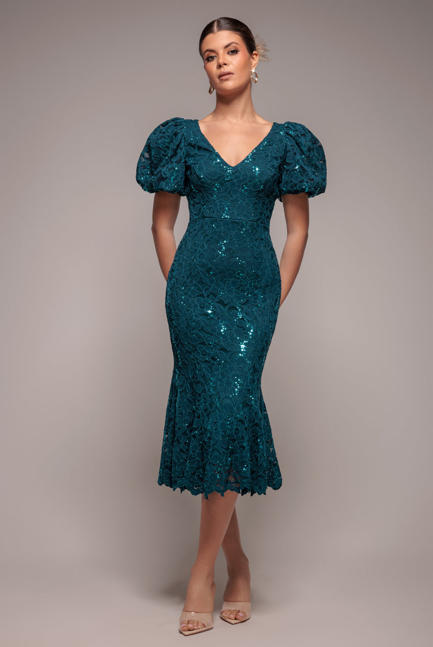 Sequin Lace Puff Sleeve Fit & Flare Midi Dress - Teal Blue DR4508