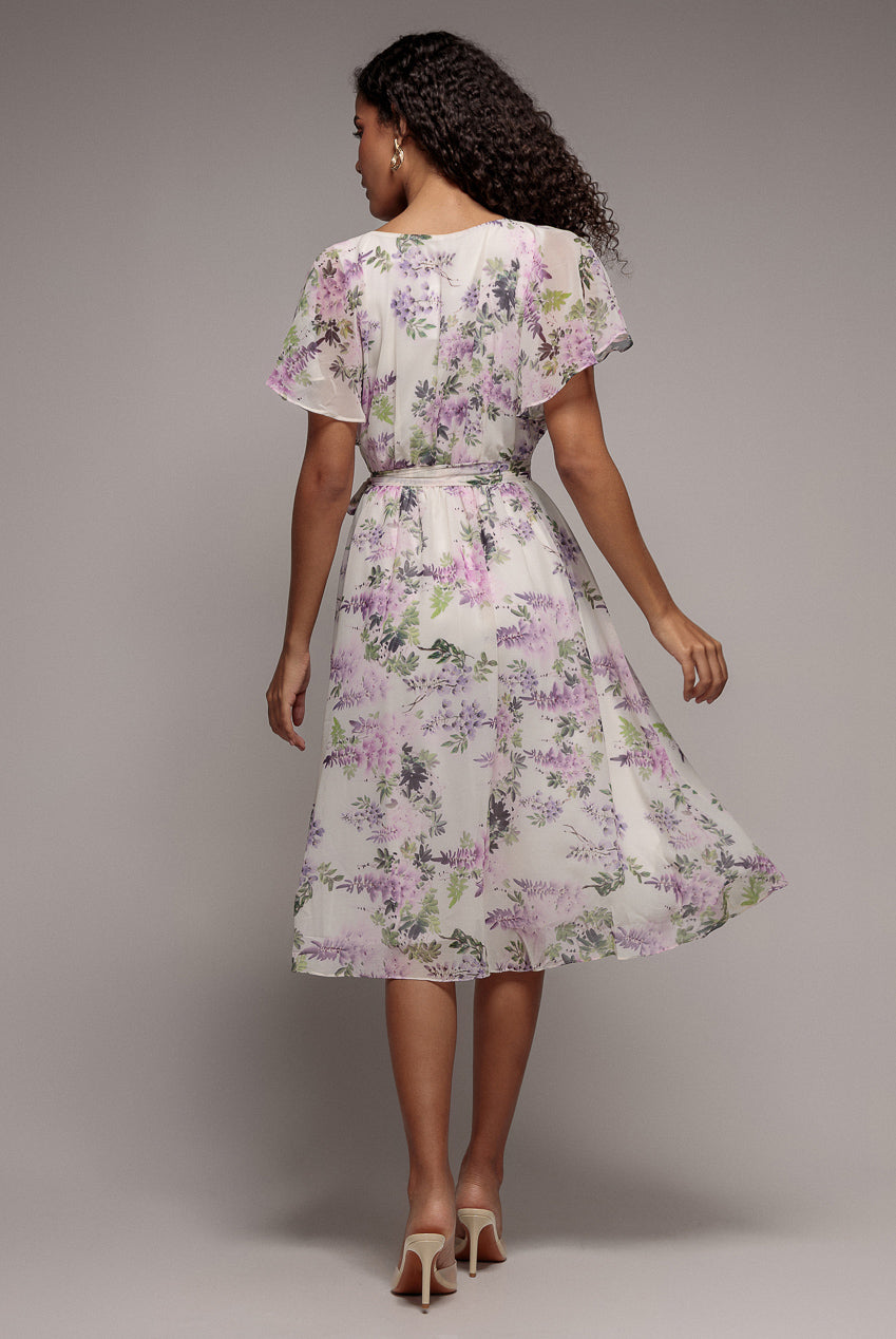 Floral Printed Flutter Sleeve Chiffon Midi Dress - Cream DR4515