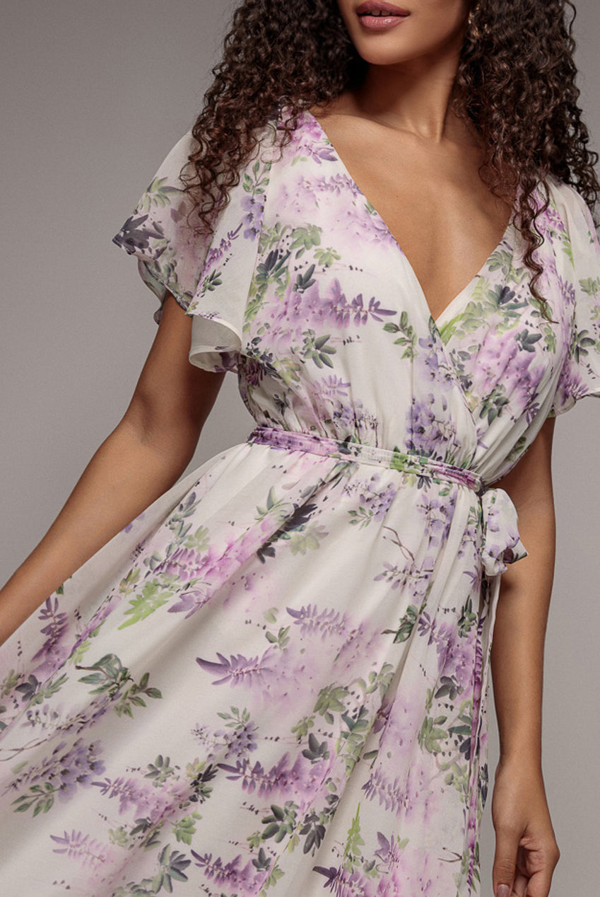 Floral Printed Flutter Sleeve Chiffon Midi Dress - Cream DR4515