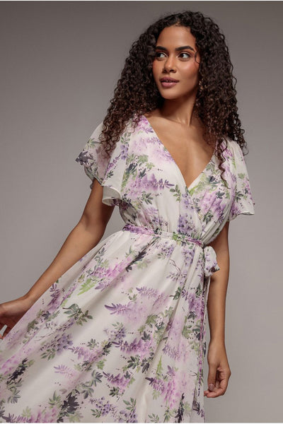 Floral Printed Flutter Sleeve Chiffon Midi Dress - Cream by Goddiva
