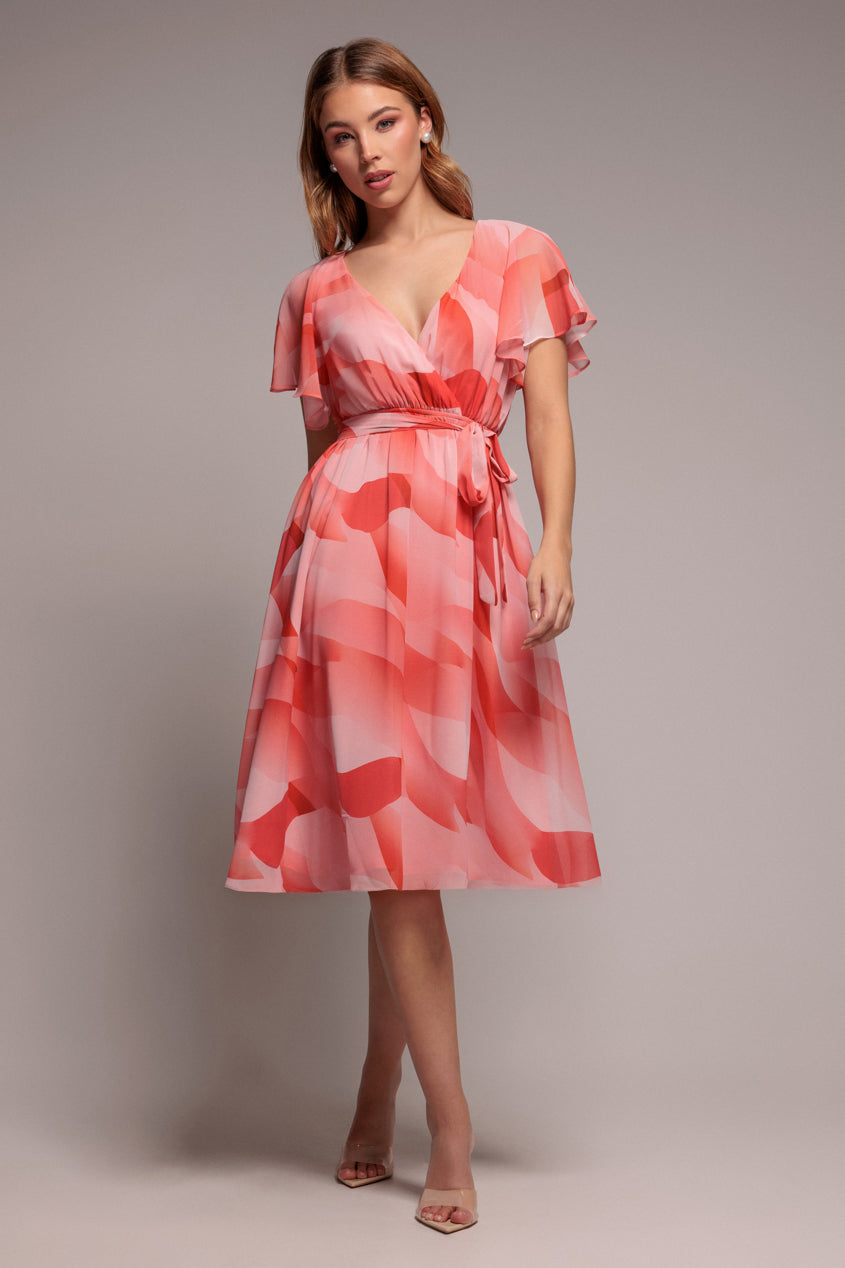 Printed Flutter Sleeve Chiffon Midi Dress - Coral DR4515