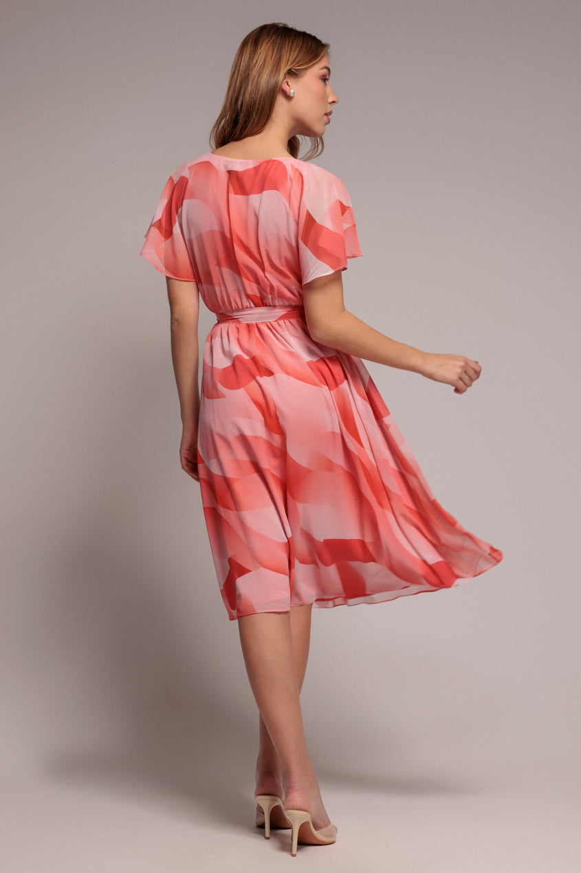 Printed Flutter Sleeve Chiffon Midi Dress - Coral DR4515
