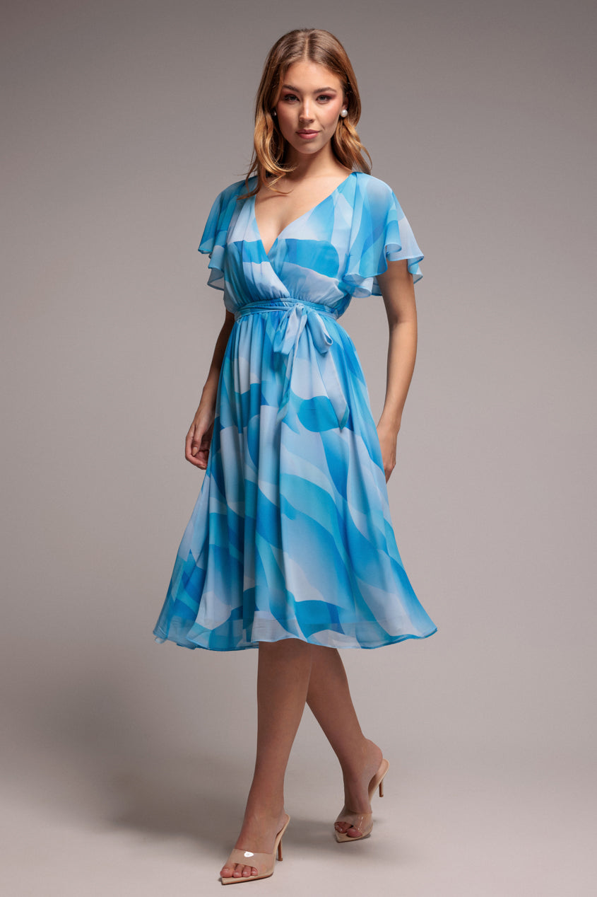 Printed Flutter Sleeve Chiffon Midi Dress - Light Blue DR4515