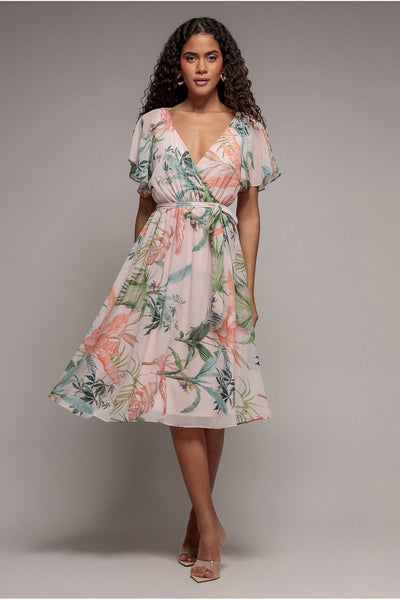 Floral Printed Flutter Sleeve Chiffon Midi Dress - Off White by Goddiva