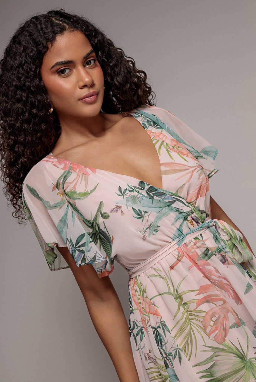 Floral Printed Flutter Sleeve Chiffon Midi Dress - Off White DR4515