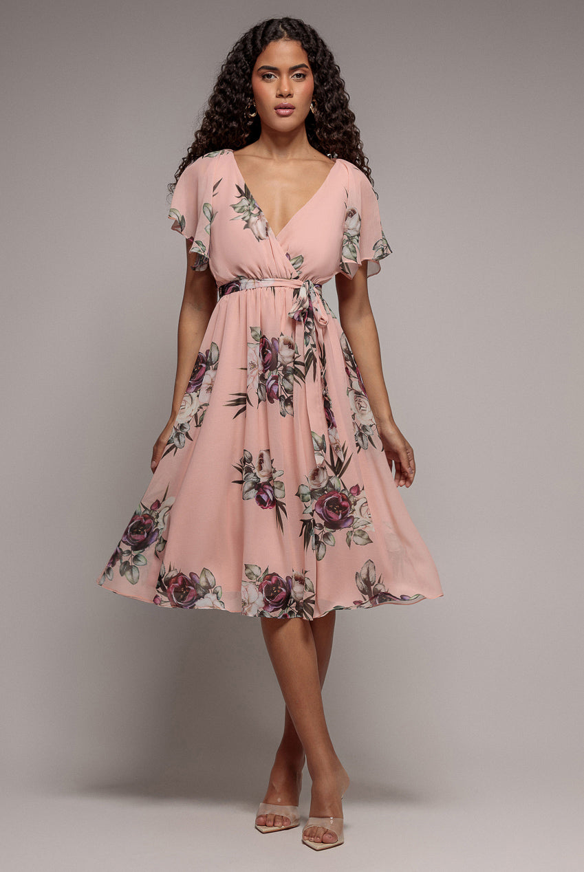 Floral Printed Flutter Sleeve Chiffon Midi Dress - Peach DR4515
