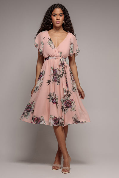 Peach - Floral Printed Flutter Sleeve Chiffon Midi Dress - Peach by Goddiva
