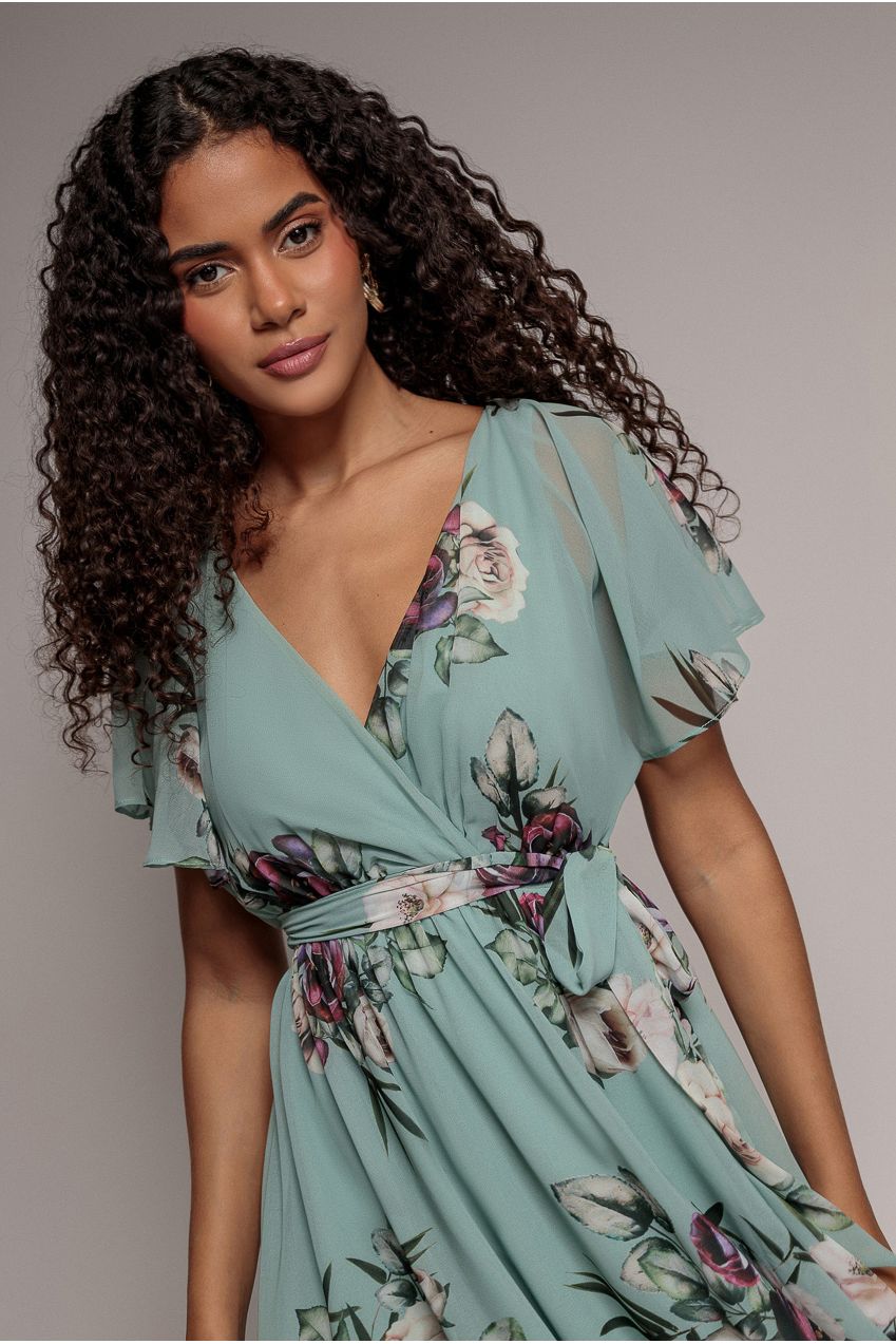 Floral Printed Flutter Sleeve Chiffon Midi Dress - Sage Green | Goddiva
