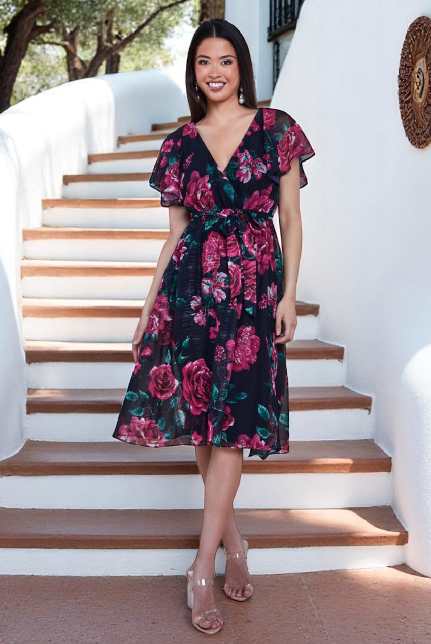 Printed Lurex A-Line Flutter Sleeve Midi Dress - Black DR4516